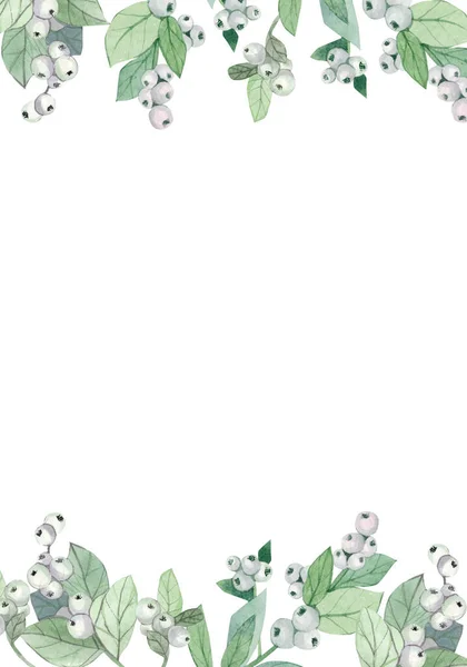 冬の枝のスノーベリーと水彩クリスマスフレーム グリーティングカード フレーム 招待テンプレートのための幸せな新年のイラストをデザイン — ストック写真