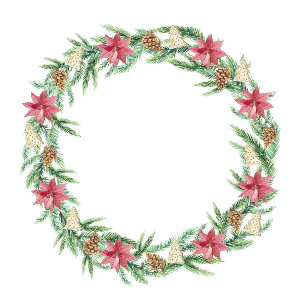 Watercolor Christmas Wreath Green Fir Branches Fir Cones Gingerbreads Flowers — Stock Photo, Image