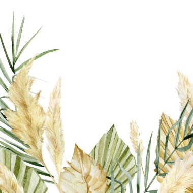 Suluboya tropikal çiçekli pankart. Parlak altın renkli yapraklar, dallar ve çiçekler moda boho tarzında. Düğün ihlali ve kartpostal için geçmişe dönük unsurlar. Yaz arkaplanı.