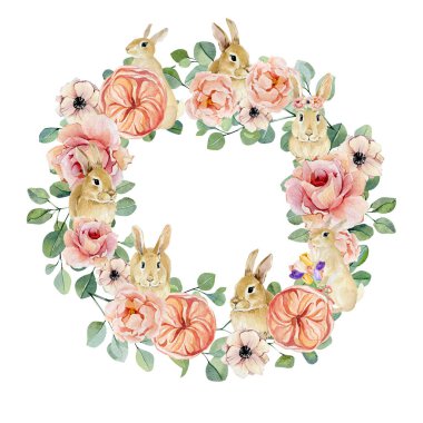 Elle boyanmış suluboya çelenk çiçek ve orman hayvanı. Düğün ilhamı için yeşil dallar ve şirin tavşan çizimi. Kart, şablon, afiş..