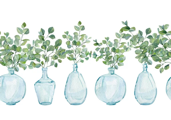 Yatay desensiz suluboya ev, okaliptüs seti olan cam vazoda yeşil bitkiler. Ambalaj kağıdı, albüm, tekstil kumaşı için eko doğal minimalist illüstrasyon.