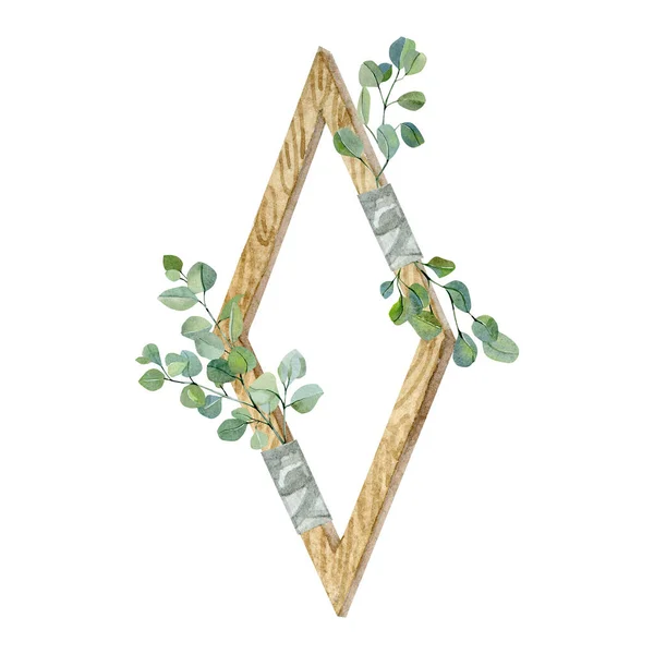 Aquarell Vintage Eukalyptusdekor Handgezeichneter Rustikaler Rahmen Blätter Pflanzen Holzschild Auf — Stockfoto