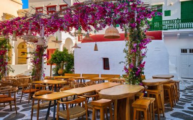 Açık hava yemekleri, kafe, restoran, küçük Yunan meydanındaki taverna, beyazlatılmış şapel, canlı pembe bougainvillea çiçeği. Mykonos, Yunanistan 