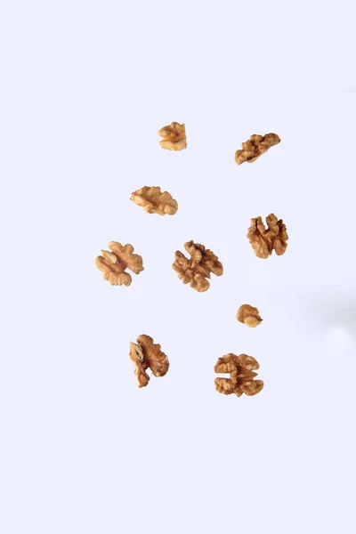 Pouring Walnut White Background Concept Flying Food Image Contains Copy — Stock Photo, Image