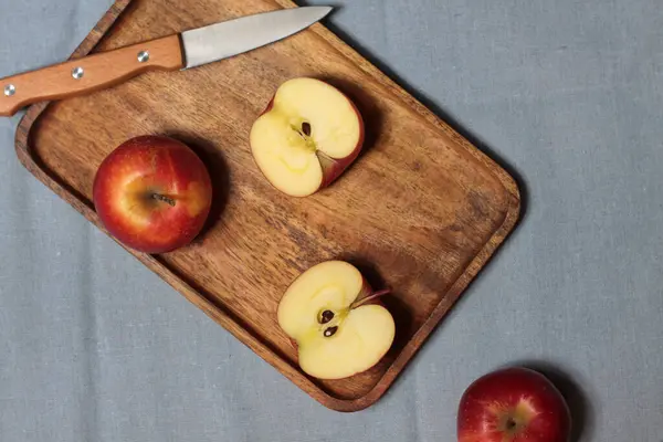 Apples Knife Cutting Board Napkin Flat Lay Healthy Eating Concept — Stock Photo, Image
