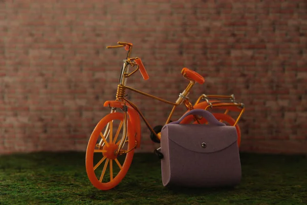 a bicycle and brief-case on green grass against brick background. City transportation concept