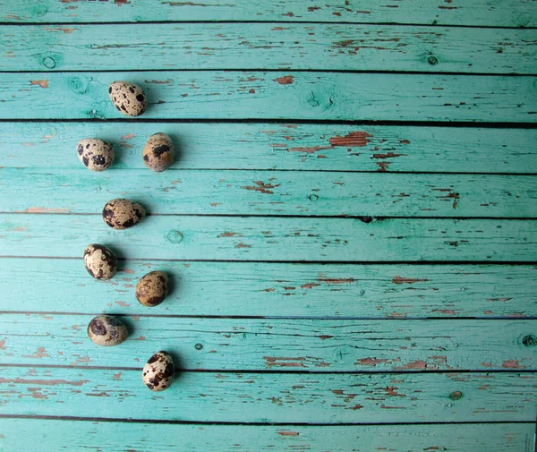 Quail Eggs Blue Wooden Background Flat Lay Image Contains Copy — 스톡 사진