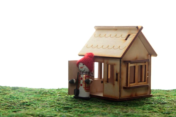 Doll House Concept Snowman Wooden House Green Lawn — Stock Photo, Image