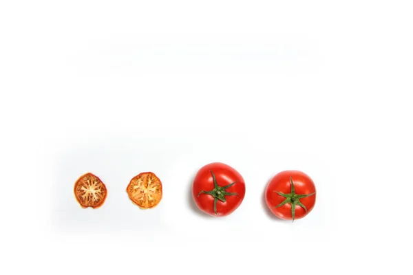 Fresh Tomato Dried Tomato Isolated White Background Flat Lay Image — Stock Photo, Image
