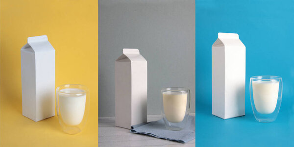 коллаж из ферментированного молока - белая упаковка и стакан кефира изолированы на желтом, синем и сером фоне. Изображение содержит пространство для копии