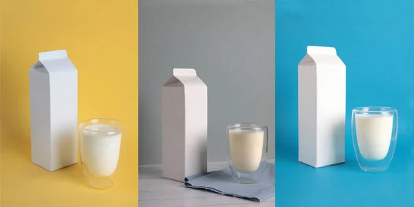 Ζυμωμένο Κολάζ Γάλακτος Λευκή Συσκευασία Και Ποτήρι Kephir Που Απομονώνονται Εικόνα Αρχείου