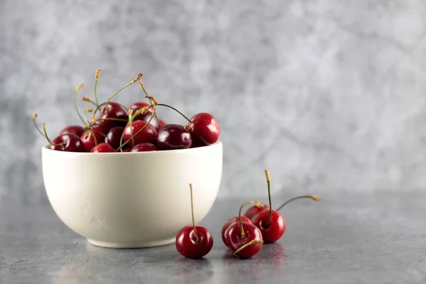 White Bowl Black Cherry Isolated Gray Background Summer Healthy Eating — Stock Photo, Image