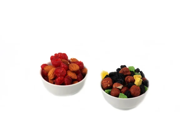 Concept Saine Alimentation Deux Bols Mélange Fruits Isolés Sur Fond — Photo