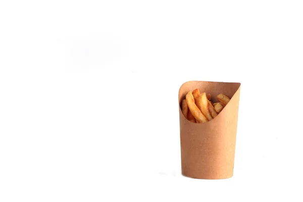 Låda Pommes Frites Isolerad Vit Bakgrund Bilden Innehåller Kopieringsutrymme — Stockfoto