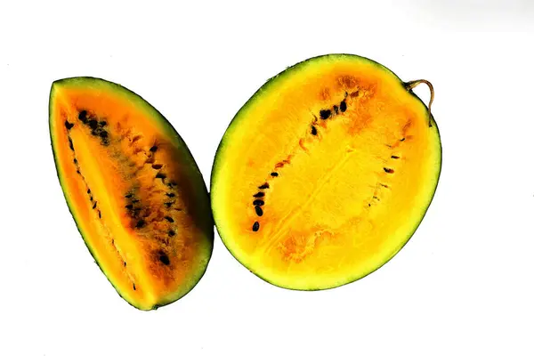 Cut Yellow Water Melon Isolated White Background Flat Lay Konsep — Stok Foto