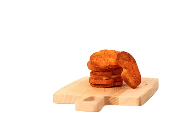 Food Concept Een Stapel Tomaat Bruschette Chips Snijplank Geïsoleerd Witte — Stockfoto