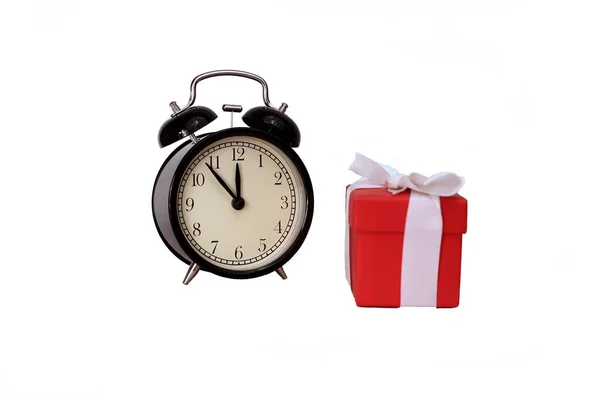 New Year Concept Christmas Gift Alarm Clock Isolated White Background Stock Picture