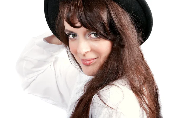 Young smiling lady in hat isolated — Stock Photo, Image