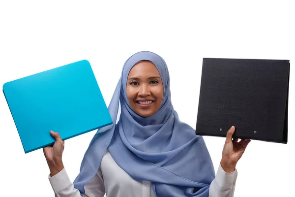 Portrait Young Smiling Asian Muslim Business Woman Blue Hijab Holding — Stock Photo, Image