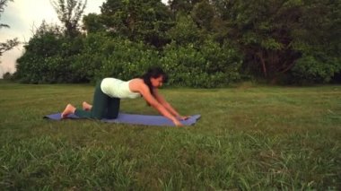 Yeşil Park 'ta yoga yapan genç bir kadın.