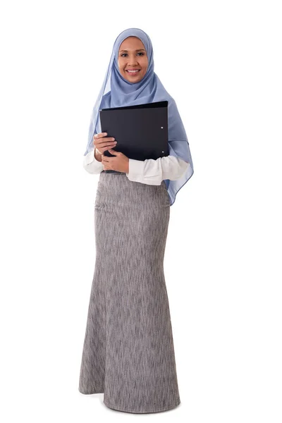 Young Happy Asian Muslim Woman Wearing Hijab Holding Folder Documents — Stock Photo, Image