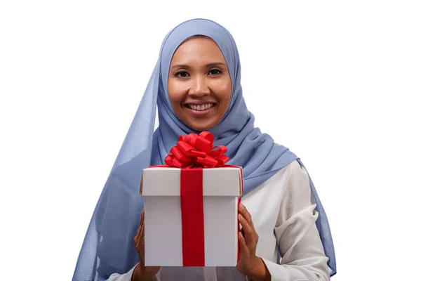 Close Portrait Happy Young Asian Muslim Woman Blue Hijab Holding — Stock Photo, Image