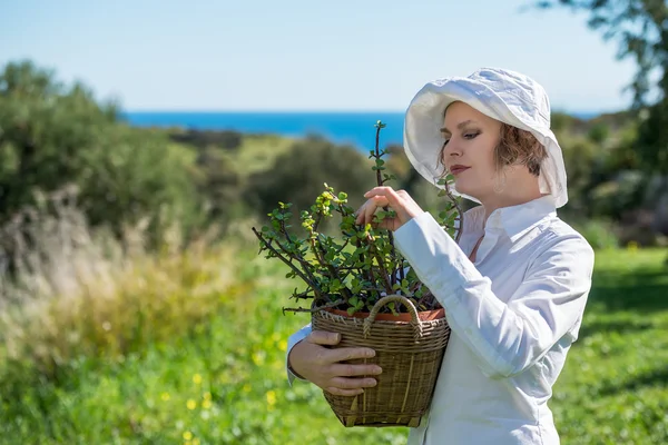 植物と鉢を保持している女性 — ストック写真