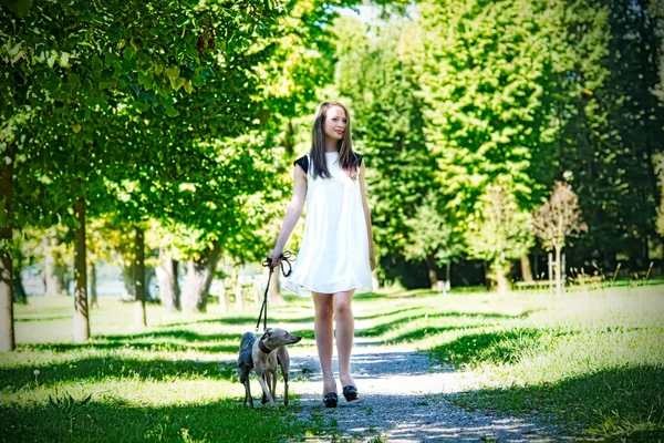 年轻的女孩，在公园里的两只猎犬 — 图库照片