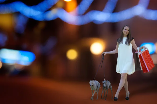 Young girl  with two greyhounds in night town with shopping bags — Stock Photo, Image