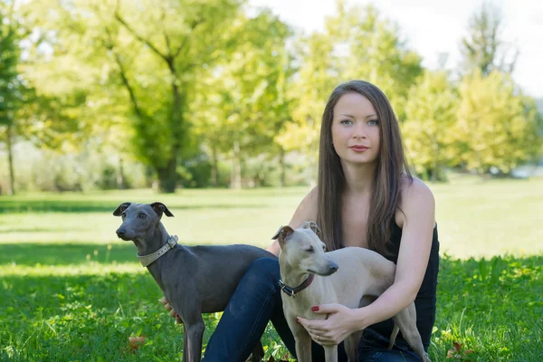 两只猎犬在公园里的女孩 — 图库照片