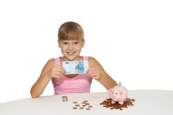 Wesoła dziewczyna z pieniędzy w ręce na białym tle — Zdjęcie stockowe