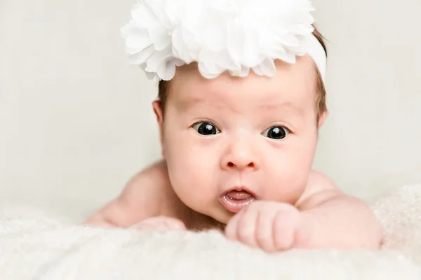 Portrait of newborn baby girl  with white headband — Stock Photo, Image