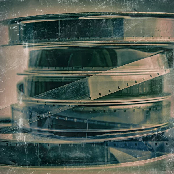 Stack Vintage Reels Sixteen Millimeter Films Image Scratched Damaged Background — Stock Photo, Image