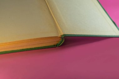 Kitabın pembe arka planda açık yayılımı. Eğitim kavramı.