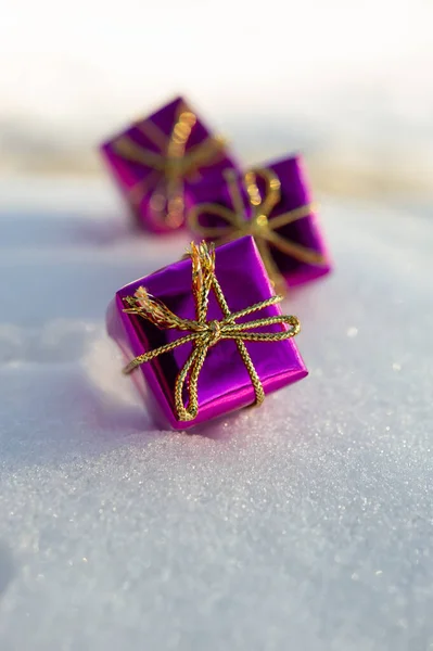 purple holiday boxes with gold rope lie on the snow on a sunny day. Close-up. Web banner.