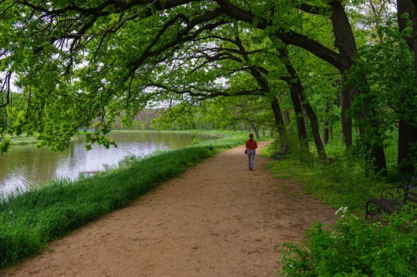 Eine Frau Geht Einem Park Der Nähe Eines Teiches Und — Stockfoto