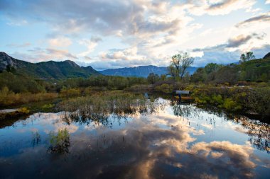 Dağların arka planına sahip resim gibi nehir manzarası