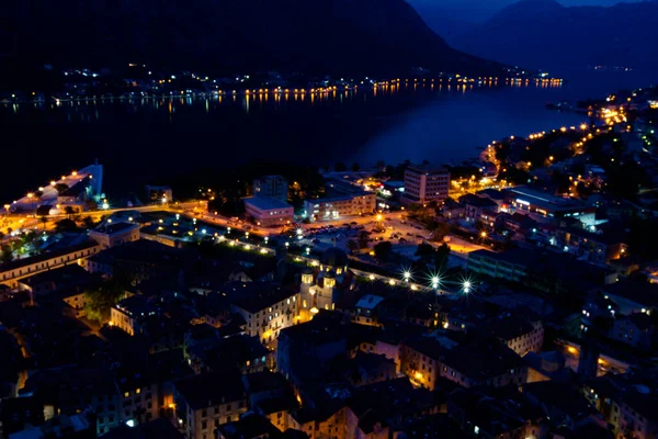 Aerial View Night City Lights Mountains Sea — Foto Stock
