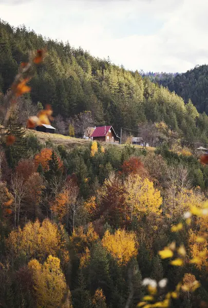 Paisagem Pitoresca Casas Acolhedoras Montanhas Durante Temporada Outono — Fotografia de Stock