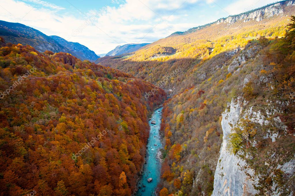 Beautiful autumn view on the yellow trees and Piva river from The Durdevica Tara Bridge, Montenegro