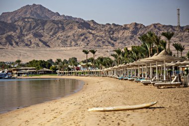 Deniz kenarında şemsiyeleri, arka planda dağları olan boş güneşlikler.