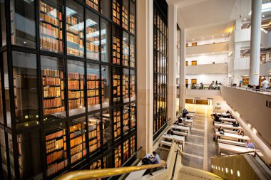 LONDON, UK - October 2019: Interior of The British Library,The King's Library inside hall, London, UK