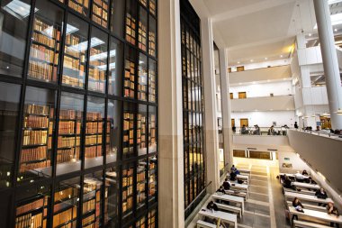 LONDON, UK - October 2019: Interior of The British Library,The King's Library inside hall, London, UK