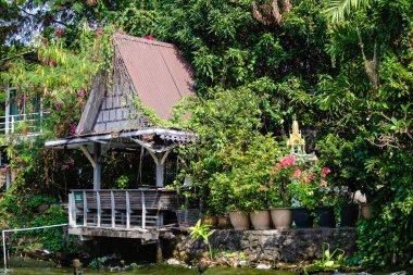 BANGKOK, THAILAND - Nisan 2019: Bangkok 'un Khlong ilçesi, Bangkok, Tayland' da Chao Phraya nehri kıyısındaki evler