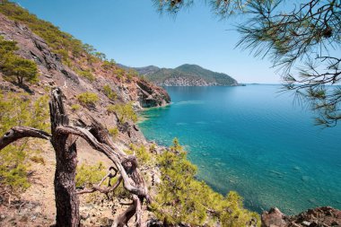 Cirali, Lycian Way, Antalia region, Türkiye 'deki turkuaz su hangarının inanılmaz manzarası