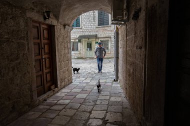 KOTOR, MONTENEGRO - Ekim 2020: Dar Sokak ve Karadağ 'ın Eski Kotor Kasabası' nın tarihi mimarisi