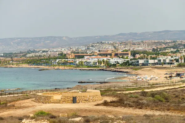 Daytime scenery of coastline with hotels, vacation concept
