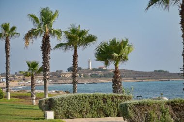 Kıbrıs Rum Kesimi 'nin Paphos kentindeki deniz feneri sahil manzarası