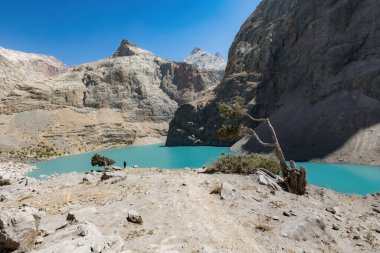 Big Allo lake view with mountain range and turquoise water in Fann mountains Pamir Alay Tajikistan
