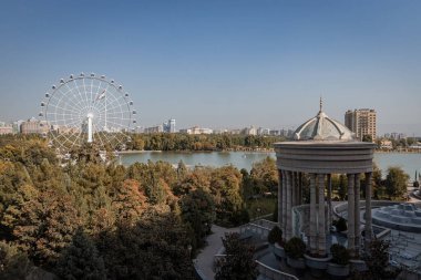 Dushanbe, Tacikistan 'daki Navruz Sarayı ve dönme dolabın manzaralı manzarası, açık bir gökyüzü altında büyük mimari ve modern gösterileri sergiliyor.